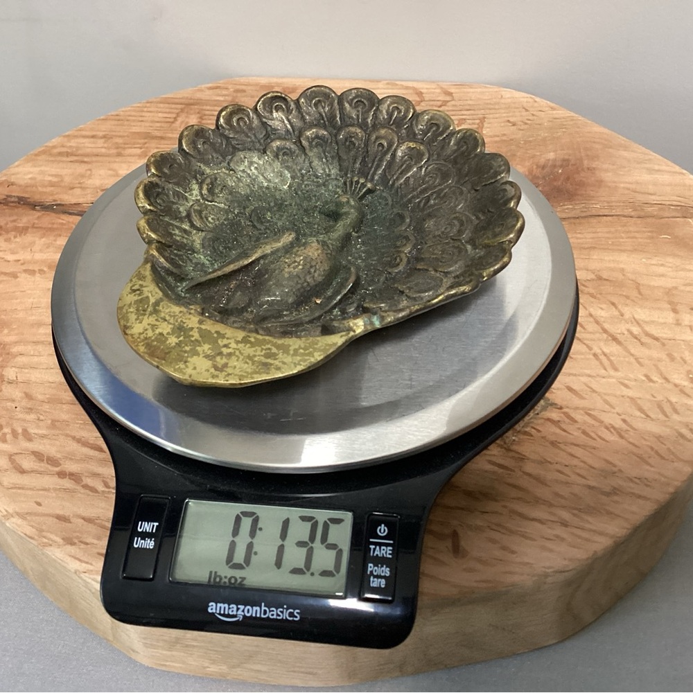 🟢 Vintage - Stunning - Solid Brass Peacock Designed Dish / Ashtray - Patina - Picture 12 of 13